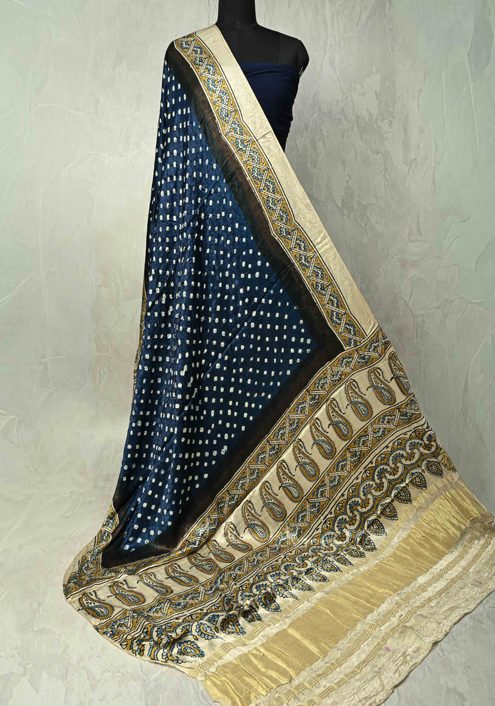 Dupatta:  Lagda Patta Ajrakh Bandhni fusion Blue Modal silk Dupatta