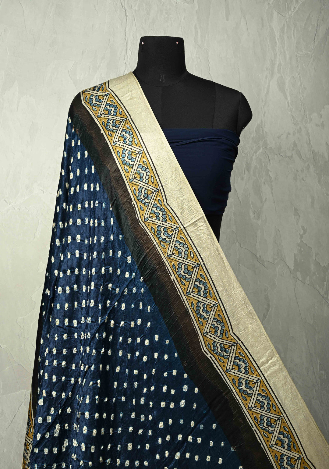 Dupatta:  Lagda Patta Ajrakh Bandhni fusion Blue Modal silk Dupatta