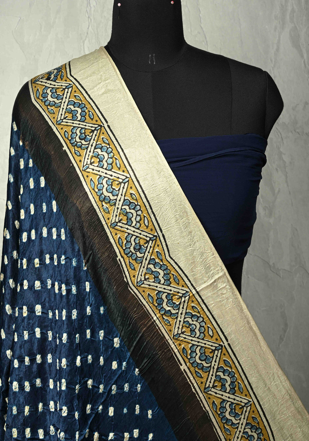 Dupatta:  Lagda Patta Ajrakh Bandhni fusion Blue Modal silk Dupatta