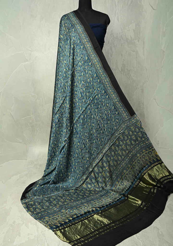 Dupatta: Indigo Pure modal silk dupatta with Ajrakh hand block print and lagda patta