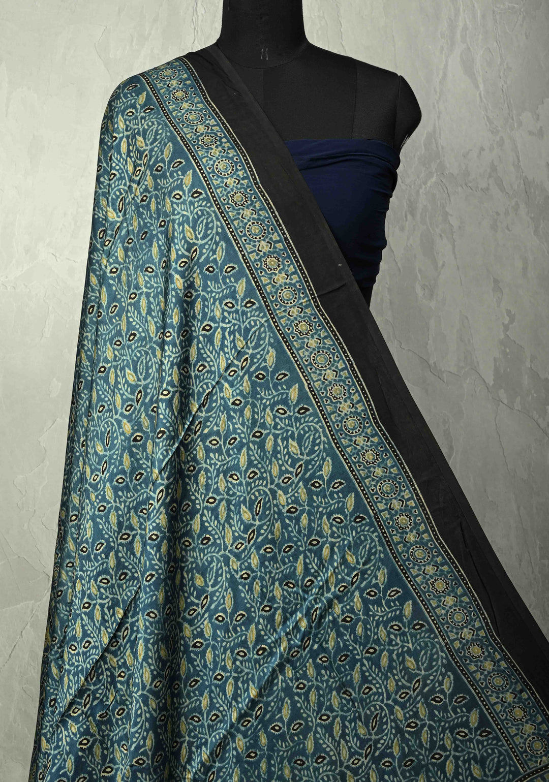 Dupatta: Indigo Pure modal silk dupatta with Ajrakh hand block print and lagda patta