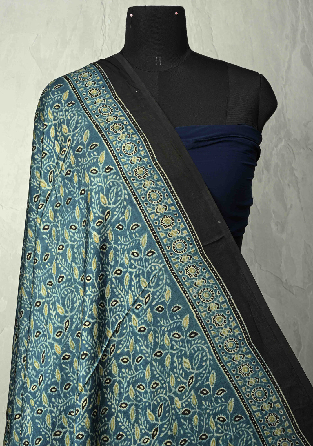Dupatta: Indigo Pure modal silk dupatta with Ajrakh hand block print and lagda patta