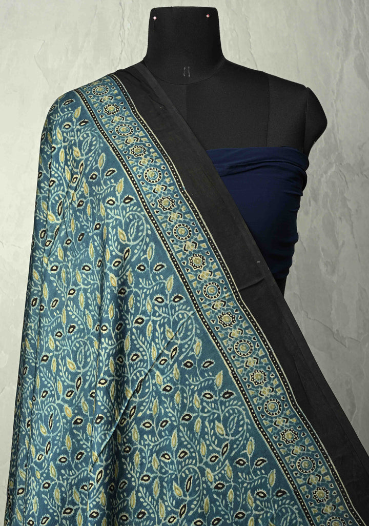Dupatta: Indigo Pure modal silk dupatta with Ajrakh hand block print and lagda patta