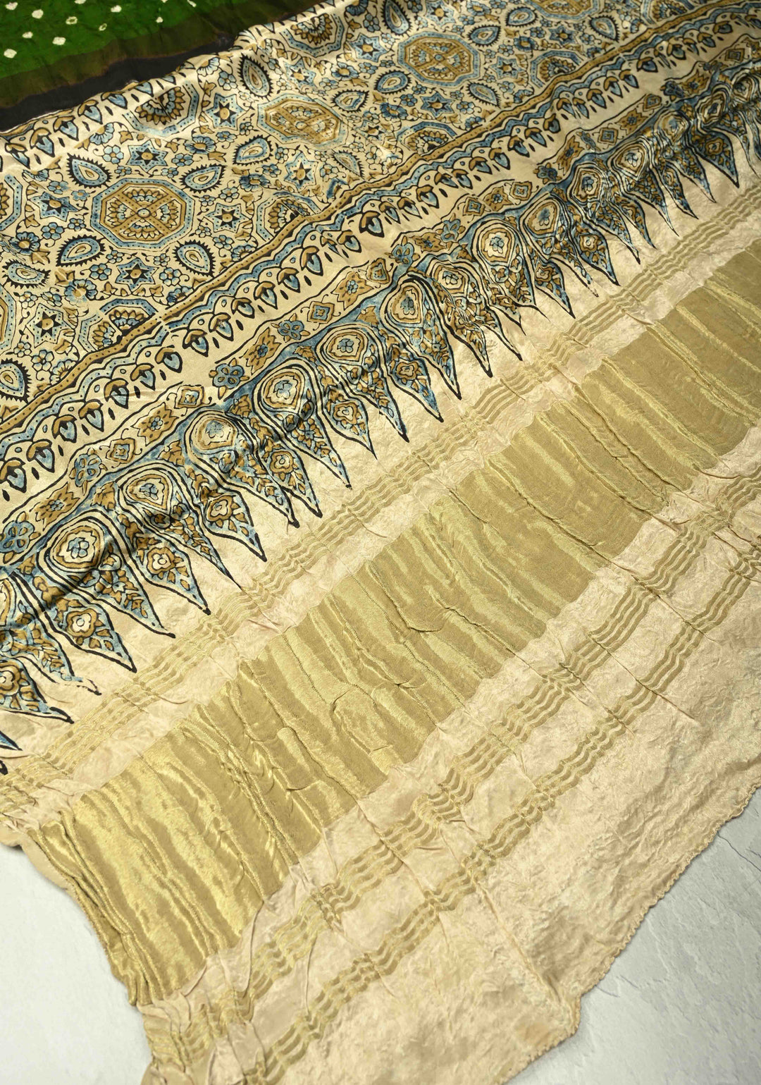 Dupatta: Green Modal silk Dupatta with Ajrakh, Bandhni Fusion and Lagda zari Pallu