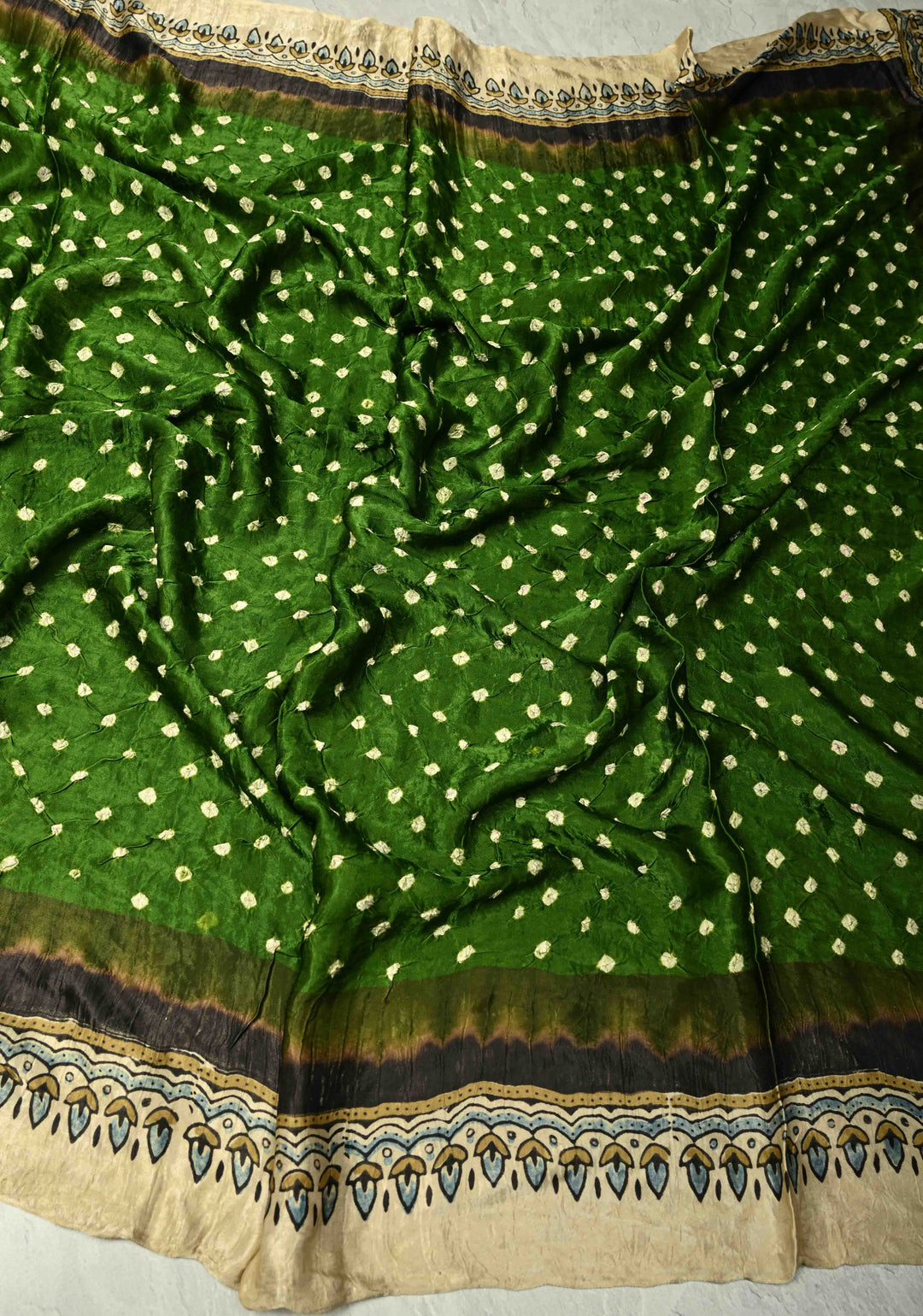 Dupatta: Green Modal silk Dupatta with Ajrakh, Bandhni Fusion and Lagda zari Pallu