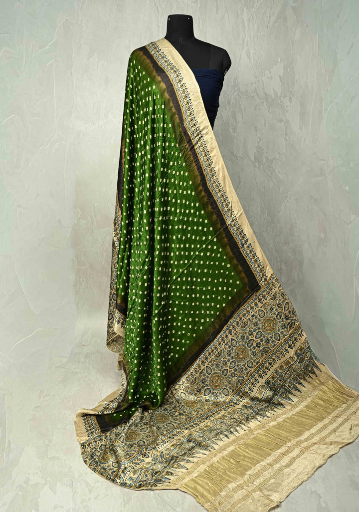 Dupatta: Green Modal silk Dupatta with Ajrakh, Bandhni Fusion and Lagda zari Pallu