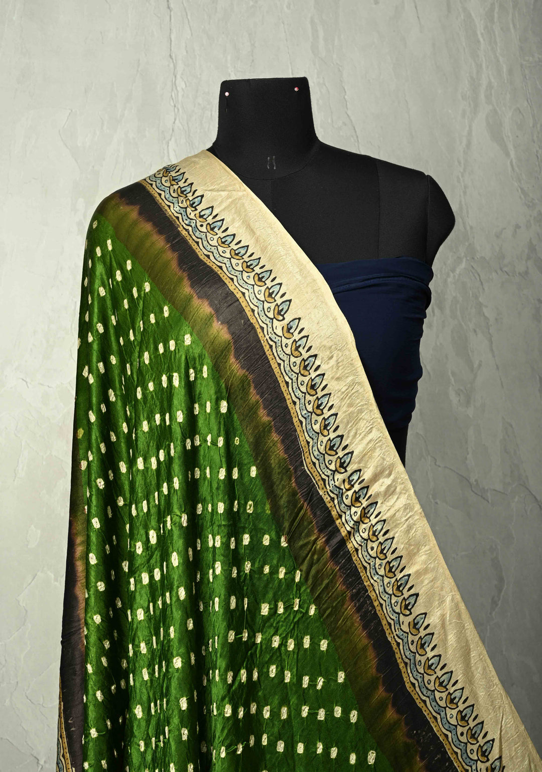 Dupatta: Green Modal silk Dupatta with Ajrakh, Bandhni Fusion and Lagda zari Pallu