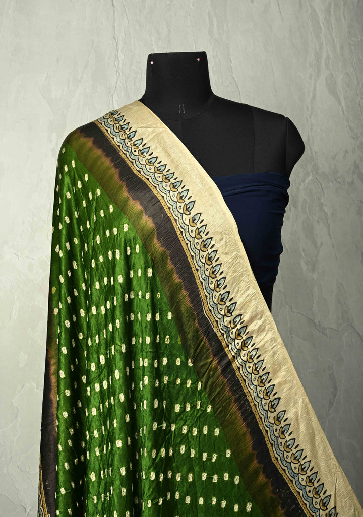 Dupatta: Green Modal silk Dupatta with Ajrakh, Bandhni Fusion and Lagda zari Pallu