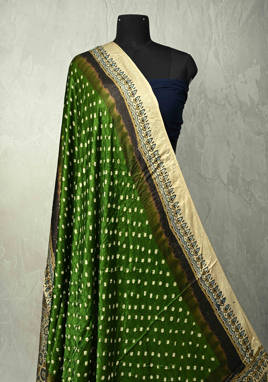 Dupatta: Green Modal silk Dupatta with Ajrakh, Bandhni Fusion and Lagda zari Pallu