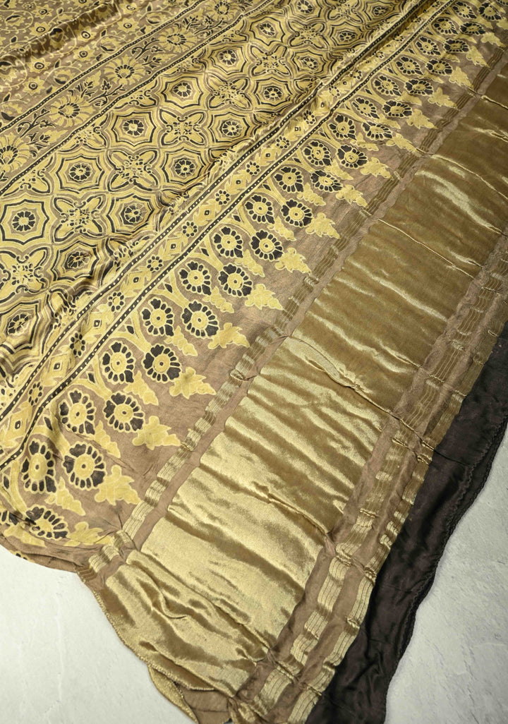 Dupatta: Cream Pure modal silk dupatta with Ajrakh hand block print and lagda patta
