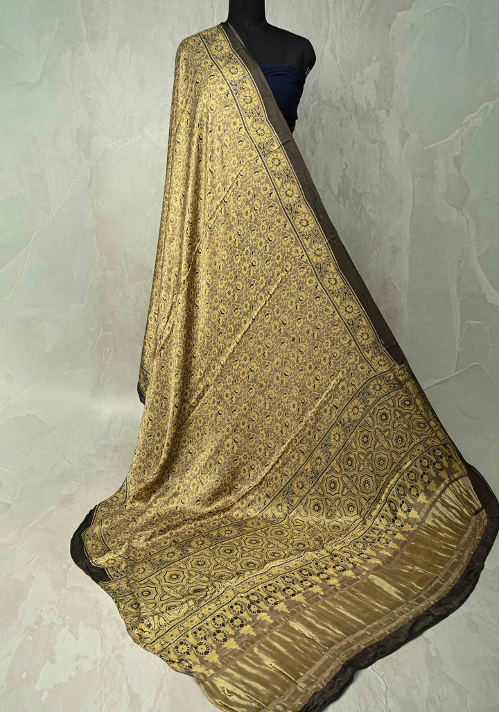 Dupatta: Cream Pure modal silk dupatta with Ajrakh hand block print and lagda patta