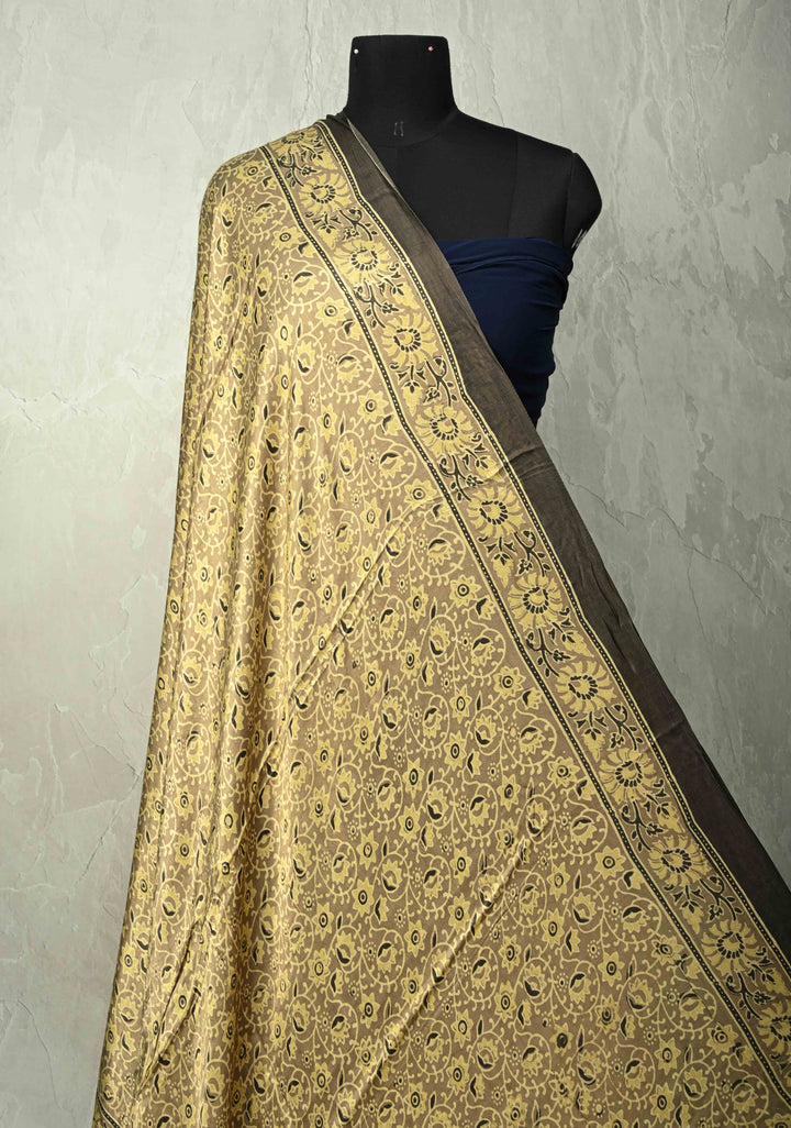 Dupatta: Cream Pure modal silk dupatta with Ajrakh hand block print and lagda patta
