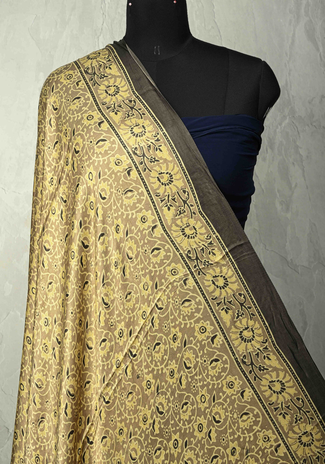 Dupatta: Cream Pure modal silk dupatta with Ajrakh hand block print and lagda patta