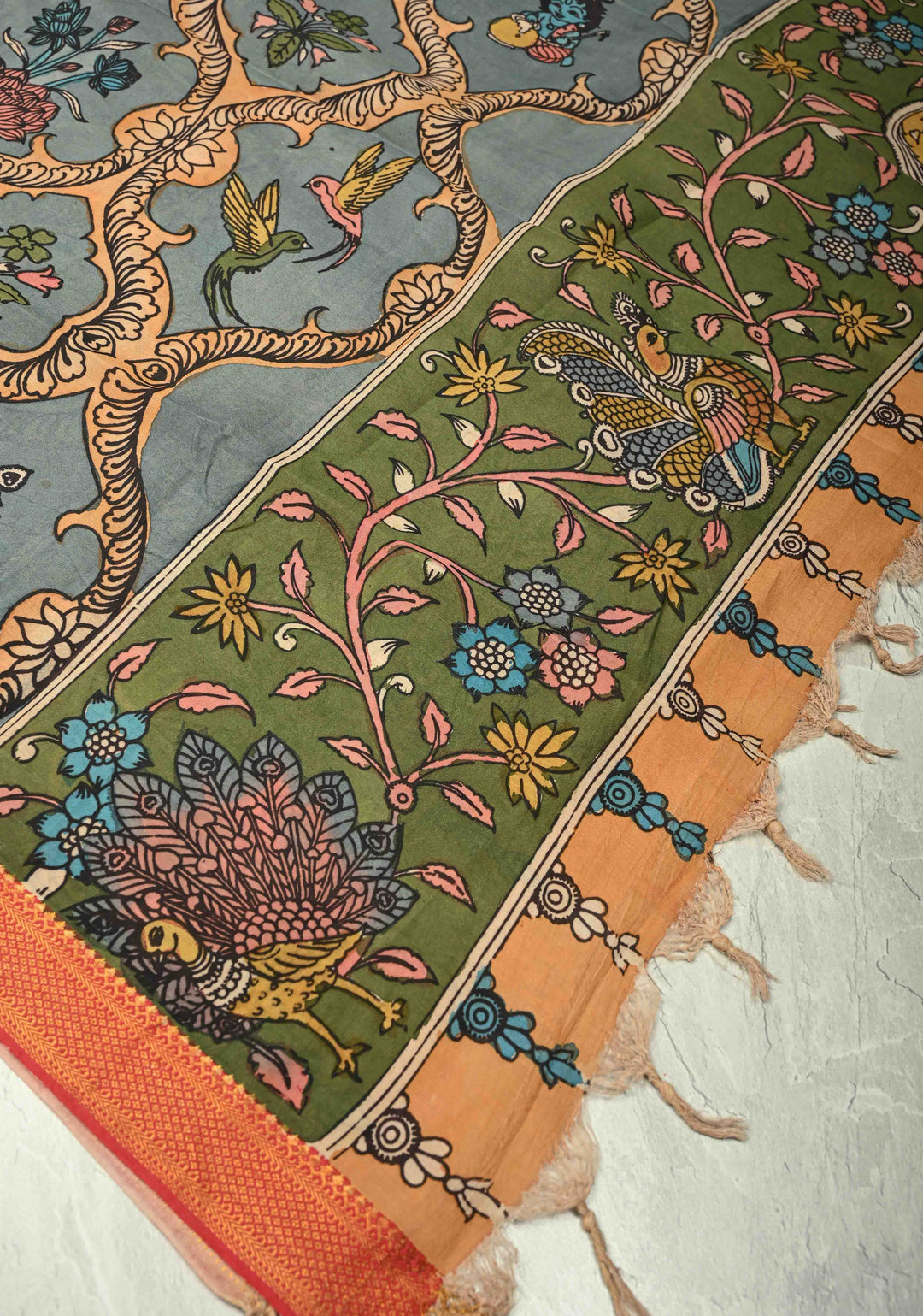 DUPATTA : Dusty Teal Authentic Pen Kalamkari Pichwai design on Mangalagiri Silk Cotton Dupatta with Krishna PIchwai Theme | SHOBITAM