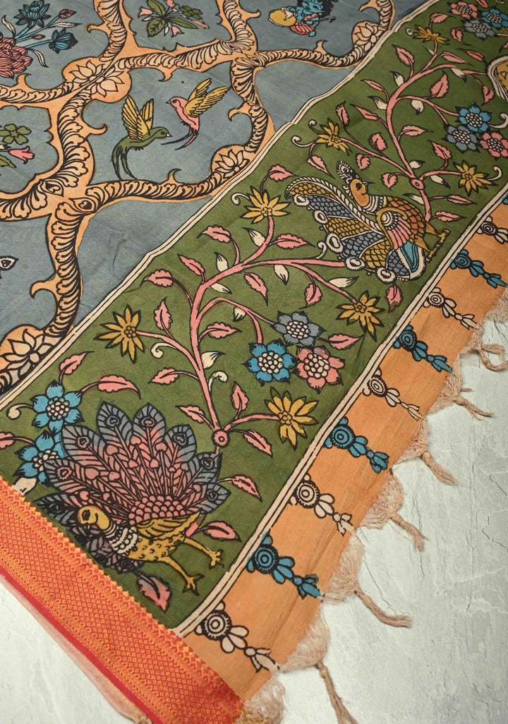 DUPATTA : Dusty Teal Authentic Pen Kalamkari Pichwai design on Mangalagiri Silk Cotton Dupatta with Krishna PIchwai Theme | SHOBITAM