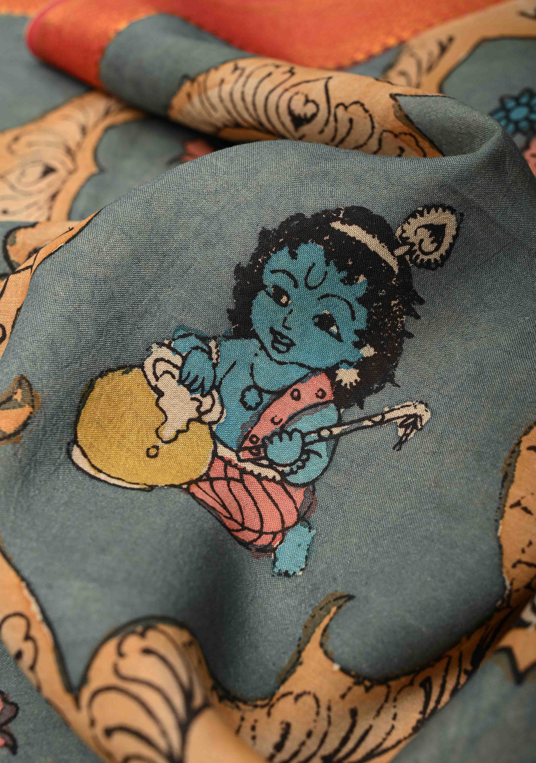 DUPATTA : Dusty Teal Authentic Pen Kalamkari Pichwai design on Mangalagiri Silk Cotton Dupatta with Krishna PIchwai Theme | SHOBITAM