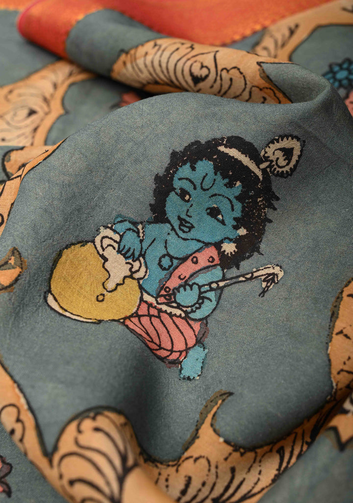 DUPATTA : Dusty Teal Authentic Pen Kalamkari Pichwai design on Mangalagiri Silk Cotton Dupatta with Krishna PIchwai Theme | SHOBITAM