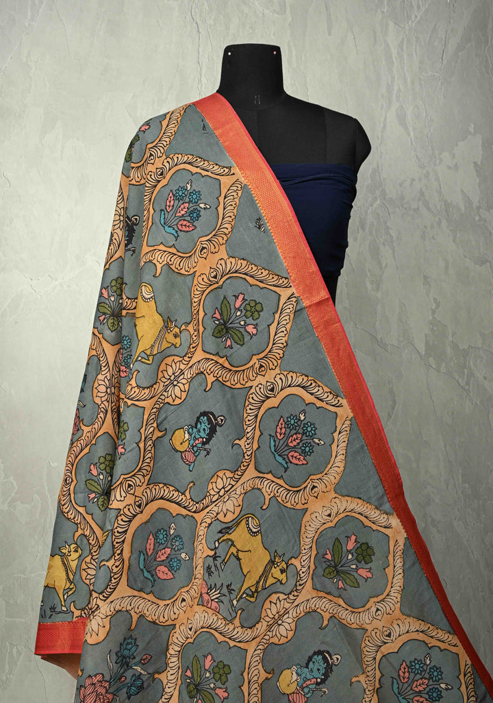 DUPATTA : Dusty Teal Authentic Pen Kalamkari Pichwai design on Mangalagiri Silk Cotton Dupatta with Krishna PIchwai Theme | SHOBITAM