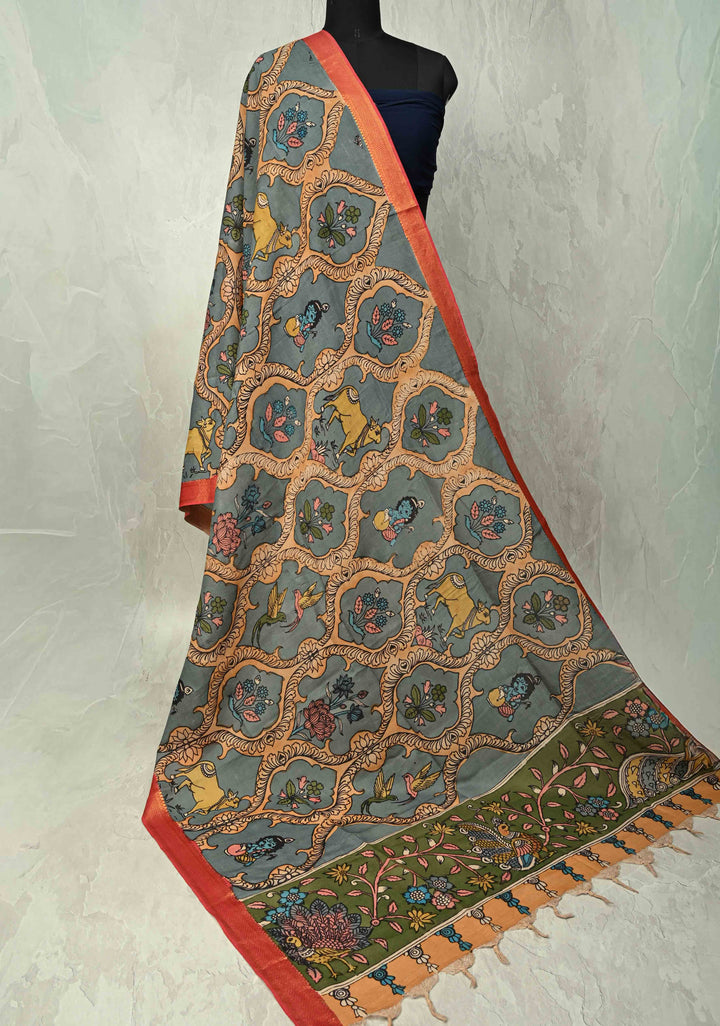 DUPATTA : Dusty Teal Authentic Pen Kalamkari Pichwai design on Mangalagiri Silk Cotton Dupatta with Krishna PIchwai Theme | SHOBITAM