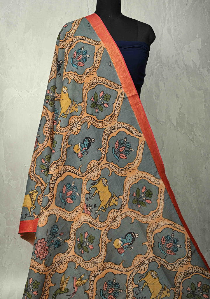 DUPATTA : Dusty Teal Authentic Pen Kalamkari Pichwai design on Mangalagiri Silk Cotton Dupatta with Krishna PIchwai Theme | SHOBITAM