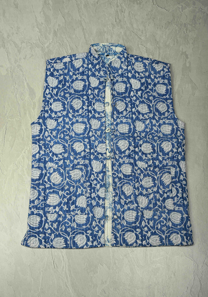 Indigo Sanganeri Print Quilted reversible jacket