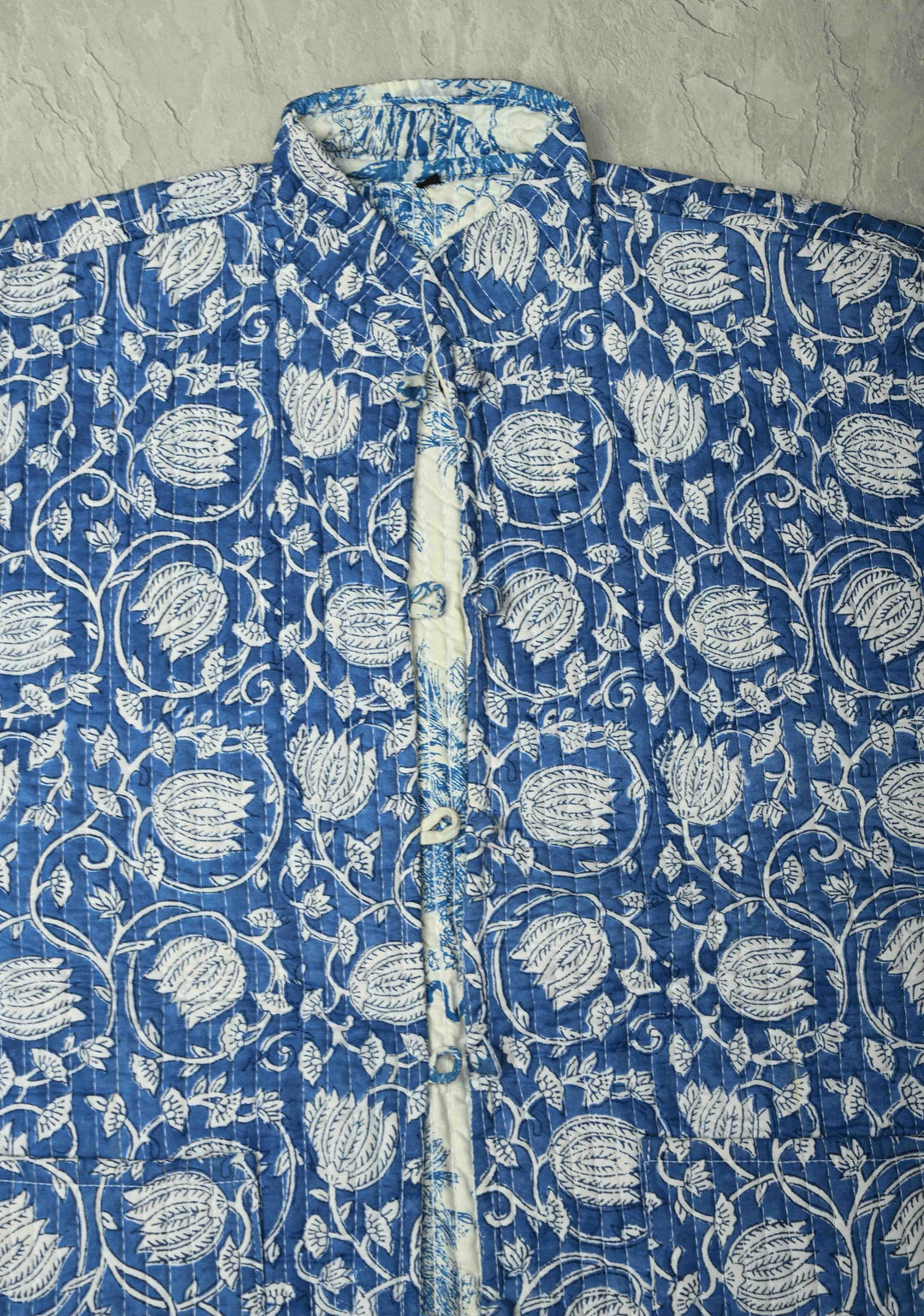 Indigo Sanganeri Print Quilted reversible jacket