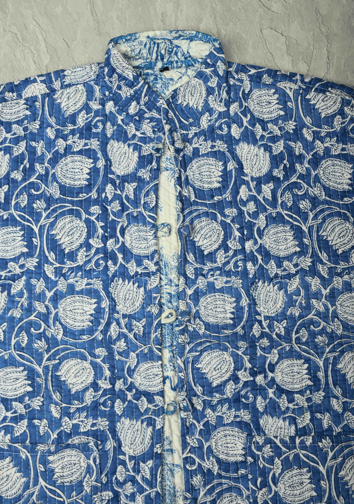 Indigo Sanganeri Print Quilted reversible jacket