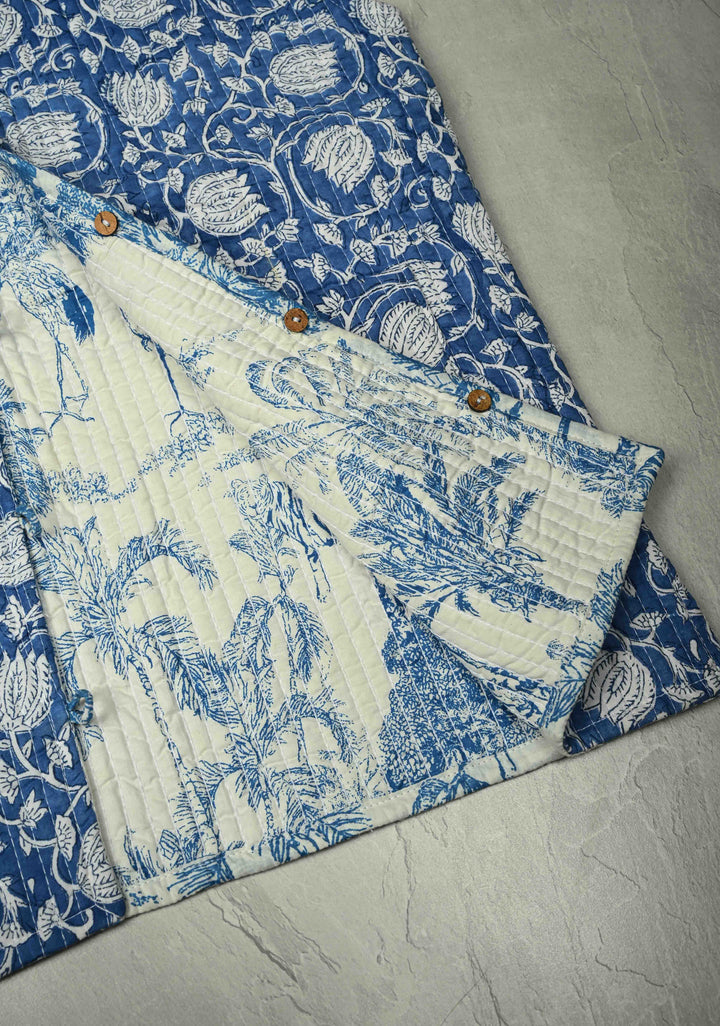 Indigo Sanganeri Print Quilted reversible jacket