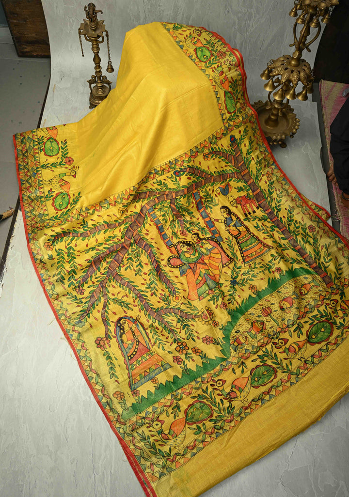 Yellow Linen by Cotton Saree with Madhubani Hand-Painting details