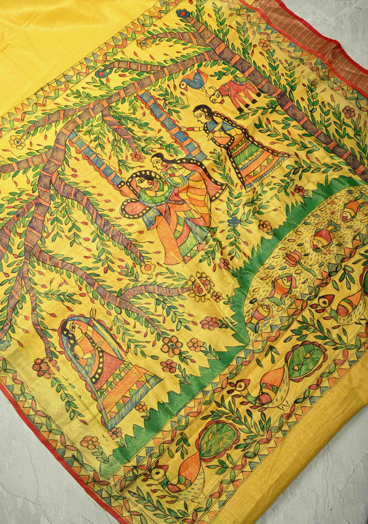 Yellow Linen by Cotton Saree with Madhubani Hand-Painting details