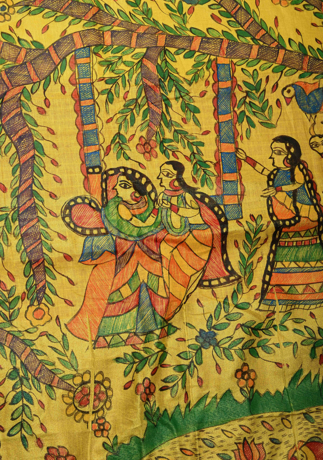 Yellow Linen by Cotton Saree with Madhubani Hand-Painting details