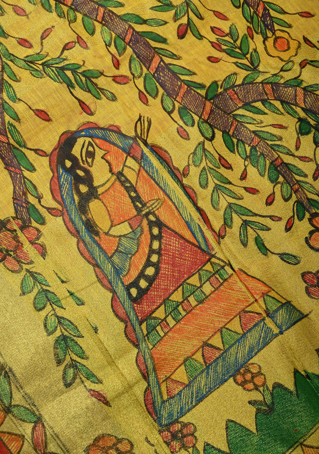 Yellow Linen by Cotton Saree with Madhubani Hand-Painting details