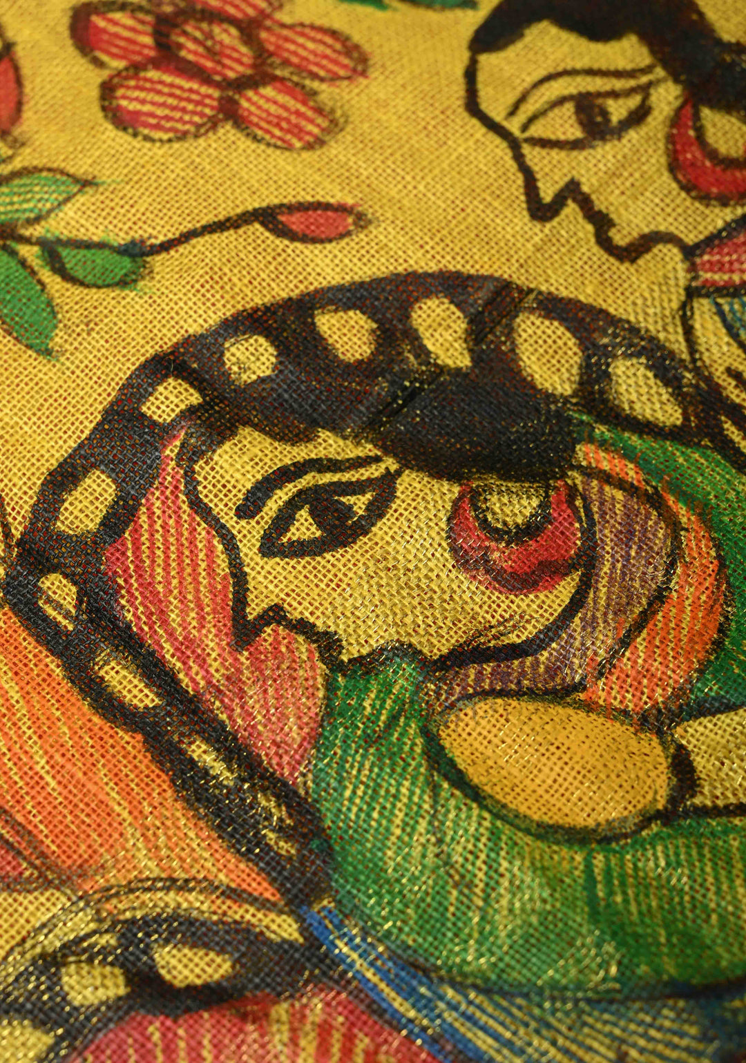 Yellow Linen by Cotton Saree with Madhubani Hand-Painting details