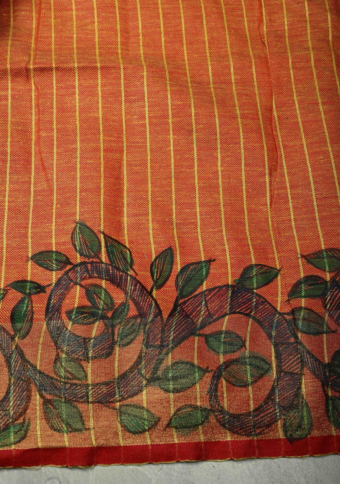Yellow Linen by Cotton Saree with Madhubani Hand-Painting details