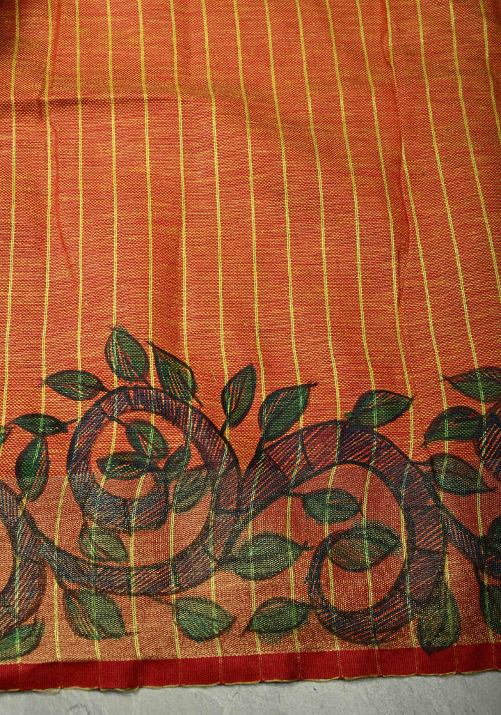 Yellow Linen by Cotton Saree with Madhubani Hand-Painting details