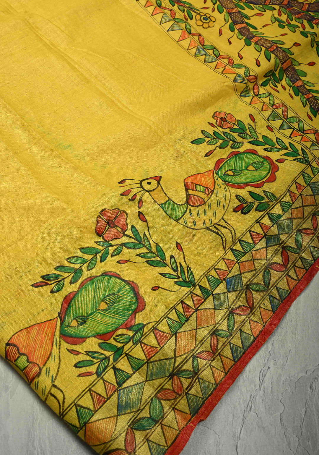 Yellow Linen by Cotton Saree with Madhubani Hand-Painting details