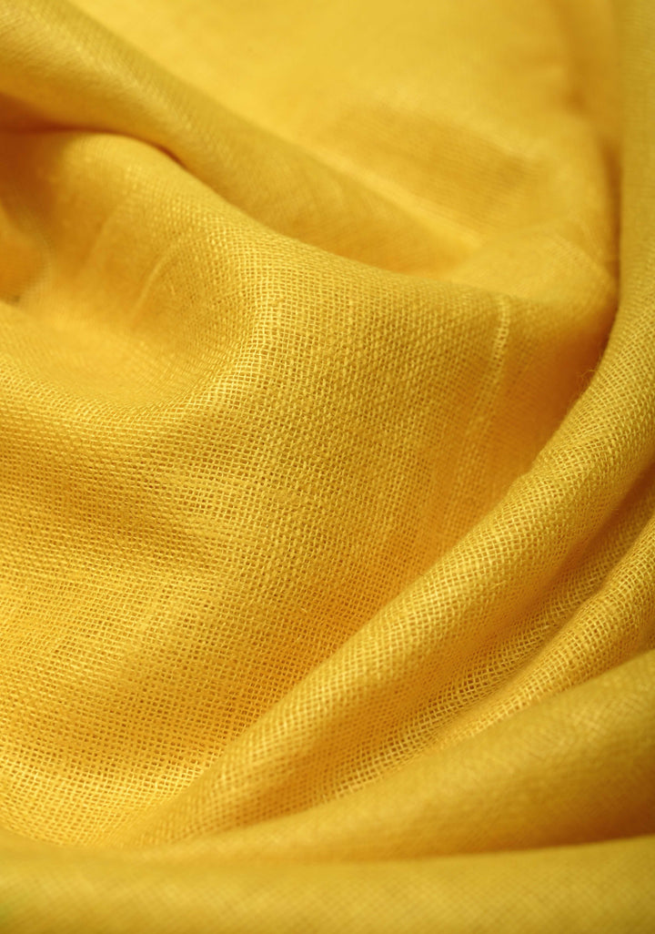 Yellow Linen by Cotton Saree with Madhubani Hand-Painting details