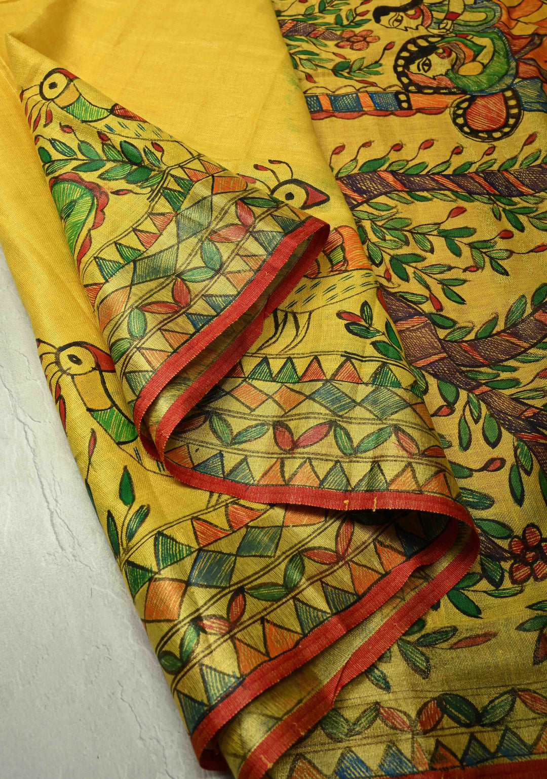 Yellow Linen by Cotton Saree with Madhubani Hand-Painting details