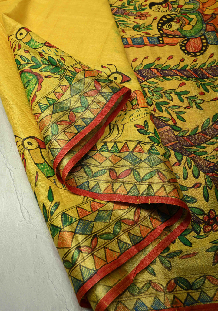 Yellow Linen by Cotton Saree with Madhubani Hand-Painting details