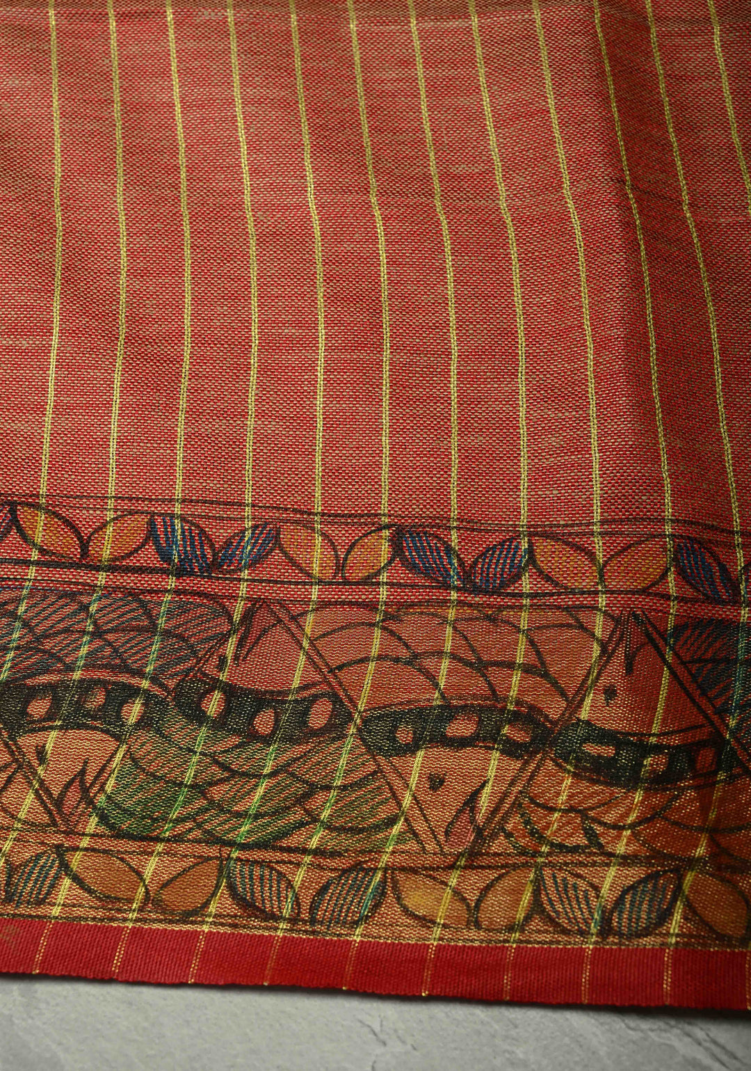 Natural Color Linen by Linen Saree with Madhubani Hand-Painted