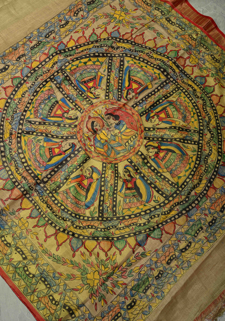 Natural Color Linen by Linen Saree with Madhubani Hand-Painted