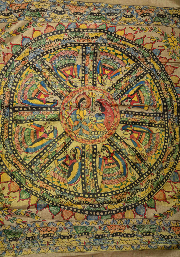 Natural Color Linen by Linen Saree with Madhubani Hand-Painted