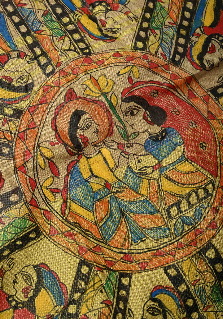 Natural Color Linen by Linen Saree with Madhubani Hand-Painted