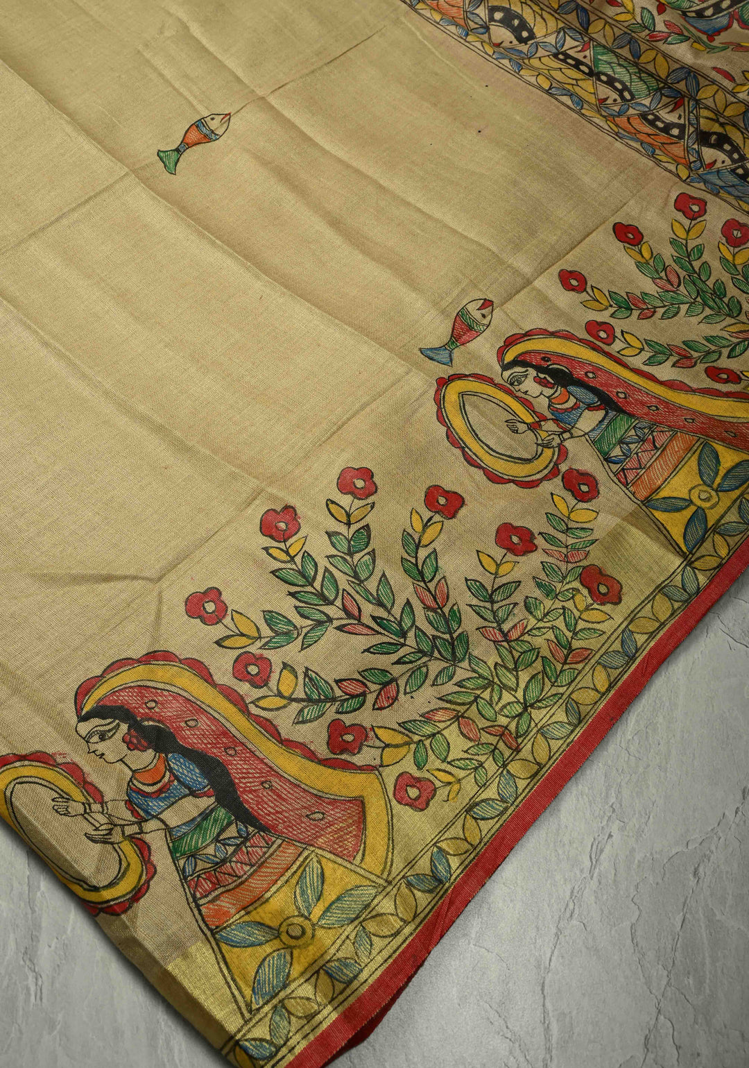 Natural Color Linen by Linen Saree with Madhubani Hand-Painted