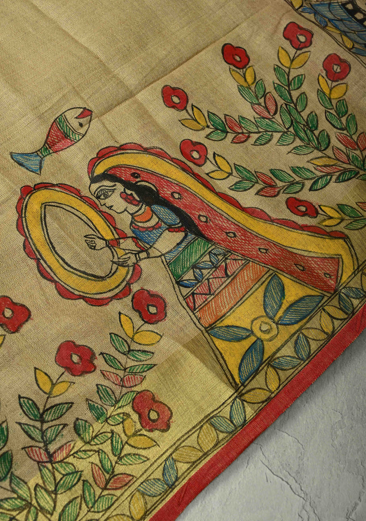 Natural Color Linen by Linen Saree with Madhubani Hand-Painted
