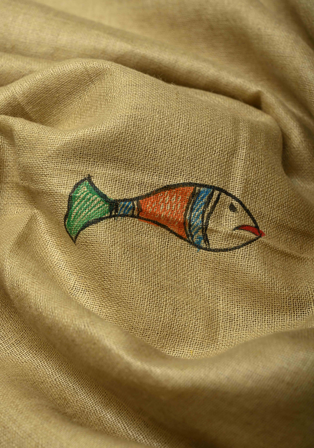 Natural Color Linen by Linen Saree with Madhubani Hand-Painted