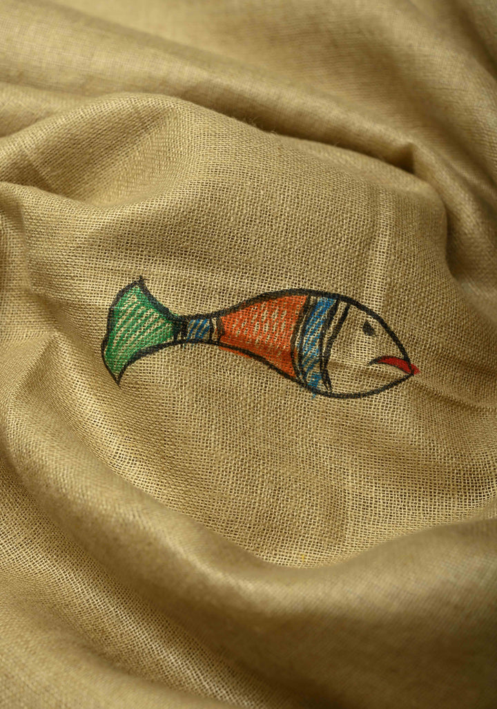 Natural Color Linen by Linen Saree with Madhubani Hand-Painted