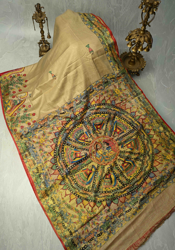 Natural Color Linen by Linen Saree with Madhubani Hand-Painted