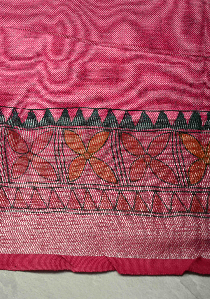 Pink Linen by Cotton Saree with Madhubani Hand-Painting