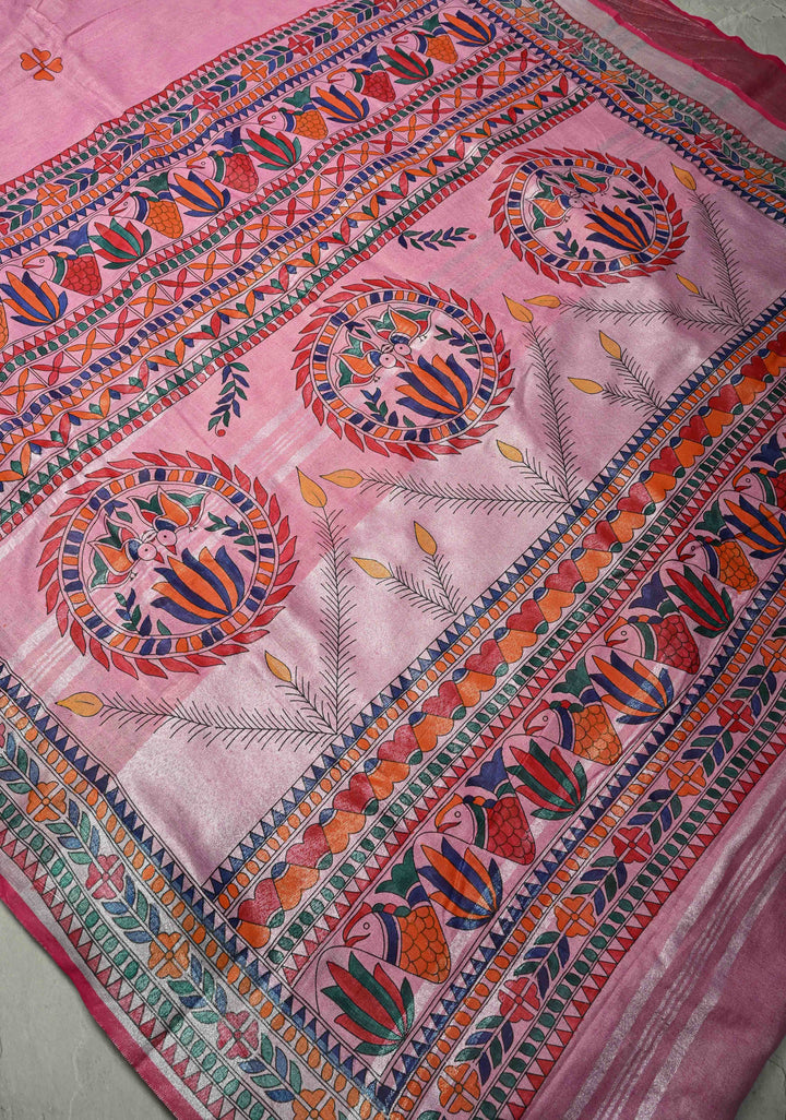 Pink Linen by Cotton Saree with Madhubani Hand-Painting